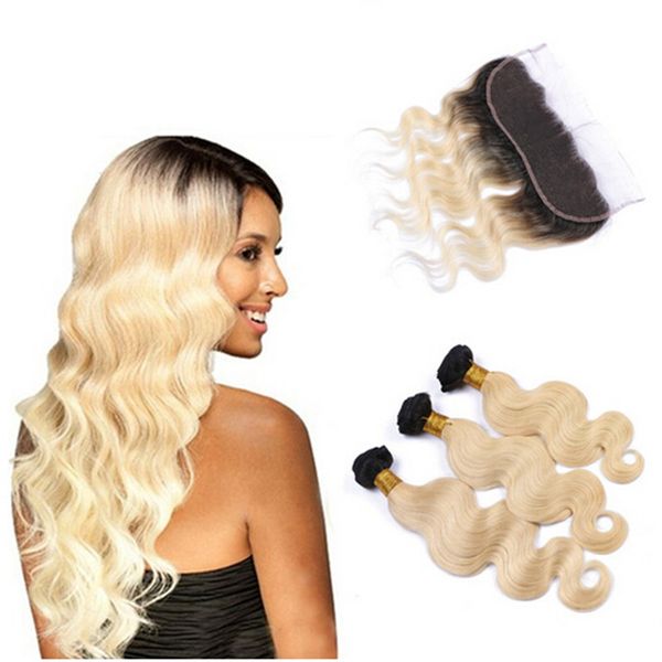 

9a two tone 1b 613 platinum blonde dark root ombre body wave ru ian virgin human hair 3bundle with 13x4 full lace frontal clo ure