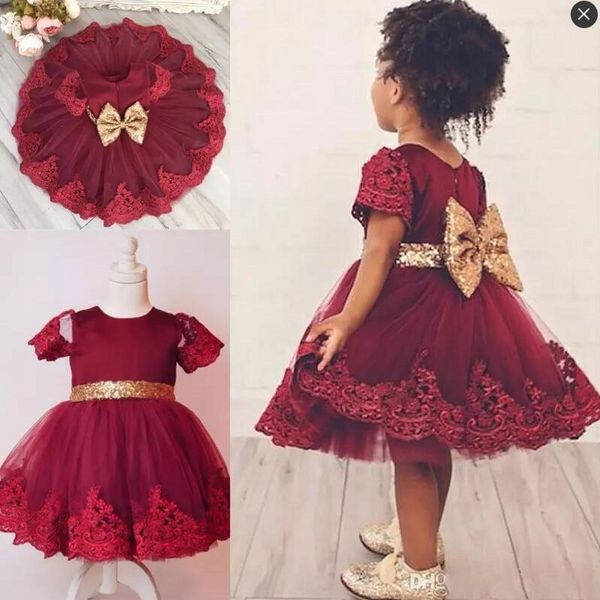 

knee length first communion dress dark red short sleeves lace appliques sequined bow sash flower girls dress children toddler pageant dresse, White;blue