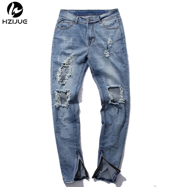 

wholesale- hzijue hip hop pants kanye mens jumpsuit frazzle fashion designer brand zipper light blue skinny distressed jeans men ripped s