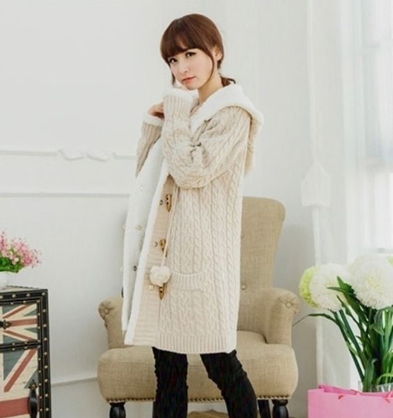 

wholesale- christmas long section of cashmere knit thickened korean large cap code twist sweater cardigan coat winter, White;black
