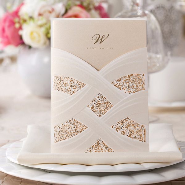 

wholesale-100pcs vertical laser cut white hollow floral wedding invitations pearl paper cards for marriage favors customizable cw060