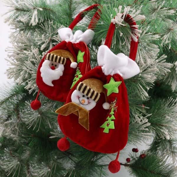 9 Arten Weihnachts-Geschenktüten aus goldenem Samt mit Schneemann-Muster, Süßigkeitentüten, Baumdekoration, kleine Größe