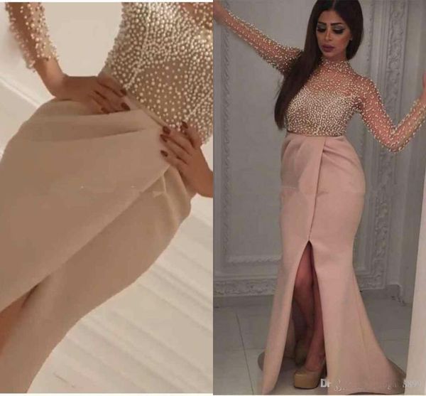 

new arrival pearls corset evening dress 2021 front split tulle long sleeves formal gowns high neck prom party dresses arabic, Black