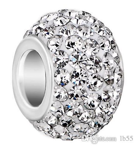 

50 pcs/lot 10mm *12mm white mixed color rhinestone silver plated resin core big hole crystal european beads, loose beads bracelets e2542 w62