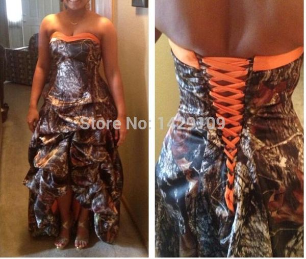 

2018 camo dresses high-low ruched prom gowns strapless lace-up back mossy oak camo party plus size hunter orange pickups gown, Red