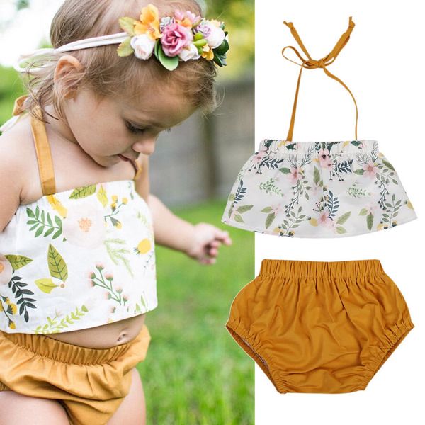 

new fashion baby girl clothes set summer cotton halter sleeveless flower print vest + shorts 2pcs kids outfit set infant clothes, White
