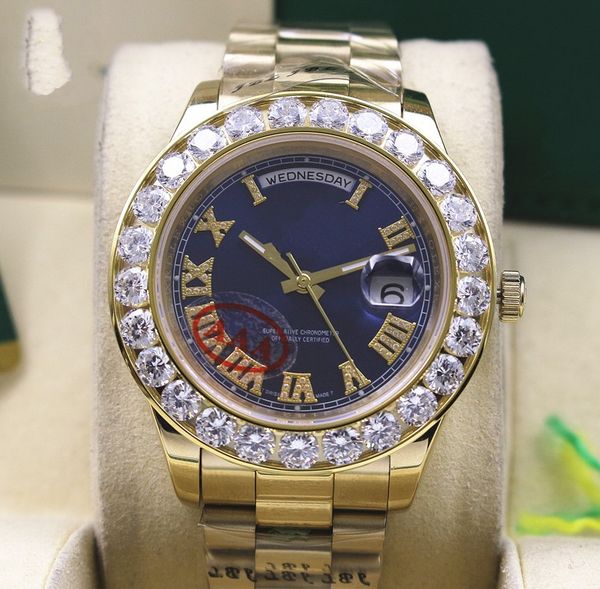 

amazing blue dial mens day-date 2 ii 41mm president 18k yellow gold bigger diamond automatic mechanical men watches men's sport wristwa, Slivery;brown
