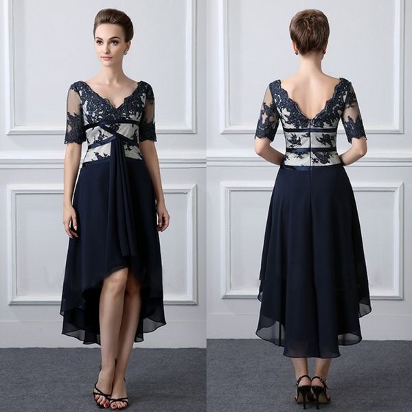

элегантные темные темно-синие платья для матери невесты высокие кружевные аппликации с коротким рукавом для матерей нарядные вечерние платья, Black;red