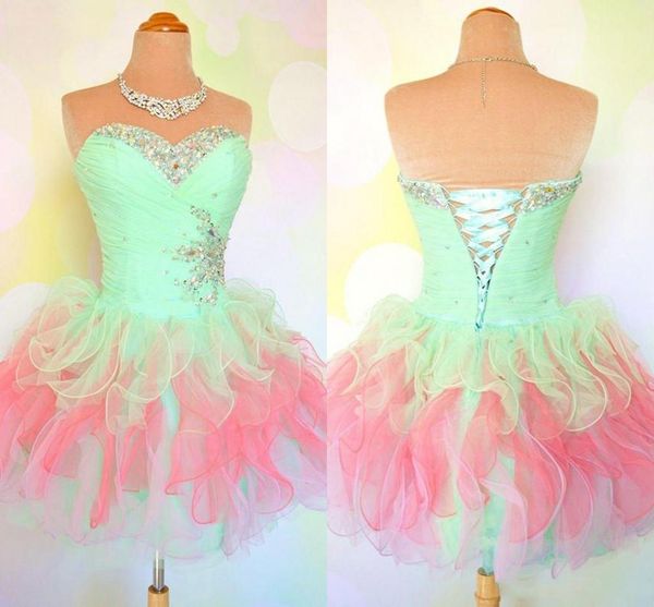 Querida Ruffles Prom Vestidos Mint Pink Multi-cor Little Mini vestido de baile Corset Homecoming 2019 Fotos reais Party Cocktail Frisada Lantejoulas