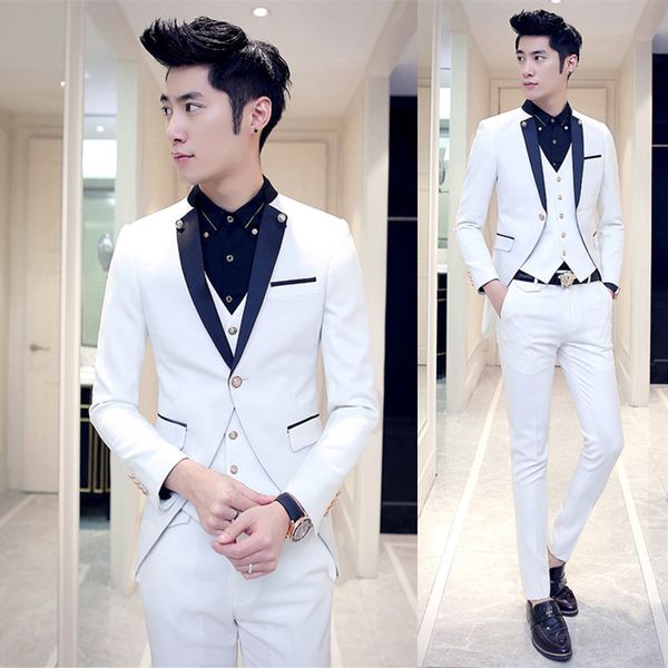 

wholesale- 2017 new white slim fit groom tuxedos navy blue lapel 3 piece mens wedding prom dinner suits (jacket+pants+vest) terno masculino, White;black