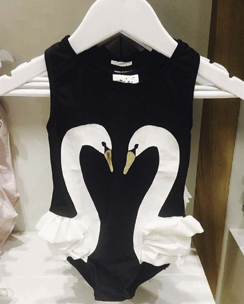 

2017 summer swimsuit girls fashion black/pink swan flamingo parrot pattern girls swimwear sports bodysuit beachwear