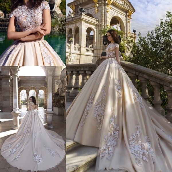 

новый романтический страна свадебное платье 2017 vestidos de noiva высокая шея с коротким рукавом трапеция часовня поезд аппликации тюль сва, White