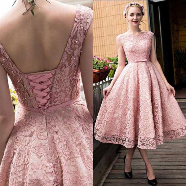 

vintage lace country bridesmaid dresses tea length bridesmaid dresses pink illusion bateau neck capped zipper lace-up wedding guest, White;pink