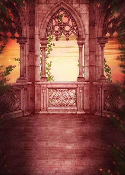 Fondali per fotografia di matrimonio con balcone del castello d'epoca Vinyl Fantasy Sunset Scenery Bambini Kid Studio Background Photo Booth Backdrop