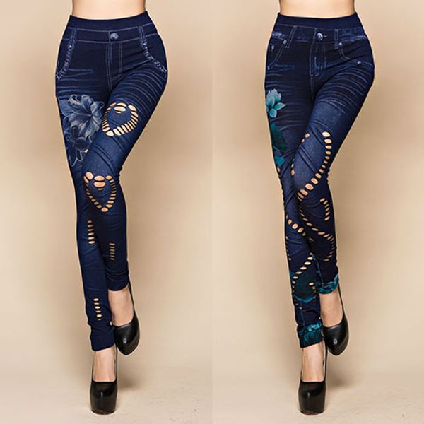 Wholesale- Women's Sexy Hollow Cut Elastic Pants Flower Print Skinny Jeans Denim Leggings smt 87