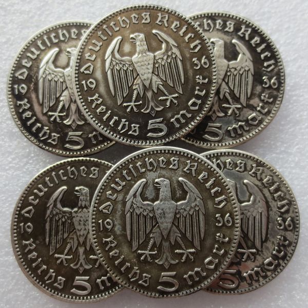 

germany 5 reichsmark hindenburg eagle 1936 a d e f g j(6pcs)sliver copy coin