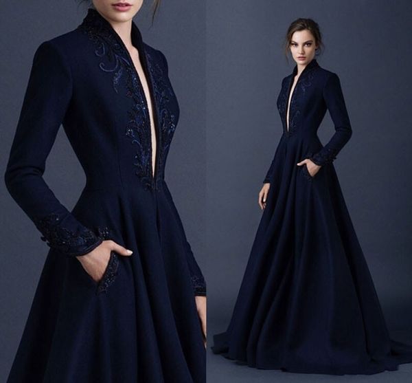 

2018 новый бренд темно-синие вечерние платья с длинными рукавами на зиму глубокий v-