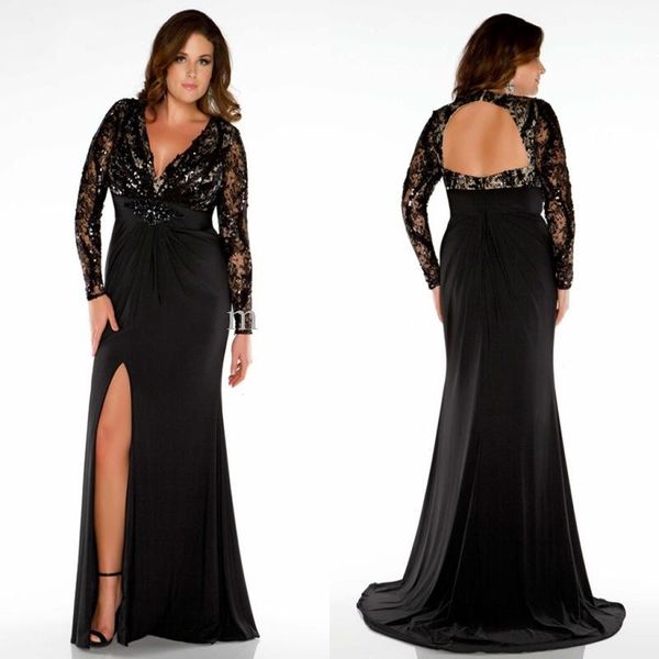Evening Gown Plus Size Long Sleeve Black Dress Cheap Deep V Neck Open Back Sexy Lace Formal Wear Floor Length Split Dress Women Buy Dresses Online
