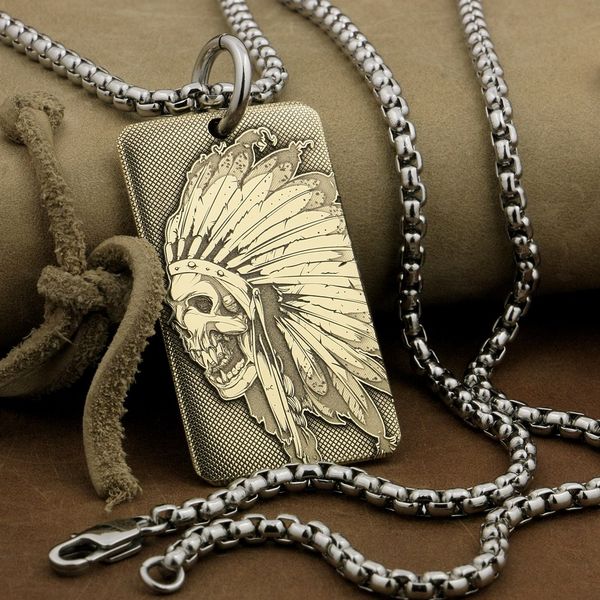 

linsion high detail deep laser engraved brass indian chief skull pendant biker punk dogtag 9x036b steel necklace 24 inches, Silver
