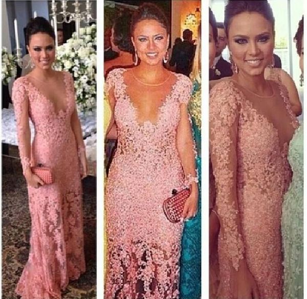 

сказочные sheer вечернее платье jewel шеи с длинным рукавом кружева аппликация оболочка / столбец длиной до пола свадебные платья выпускного, White;pink