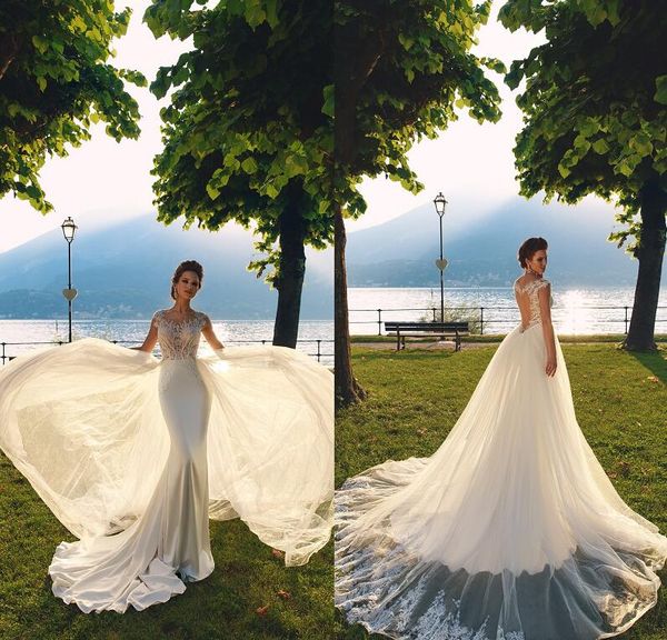 

2018 milla nova mermaid wedding dresses with detachable skirt illusion neckline appliqued lace bridal gown beach backless wedding gown, White