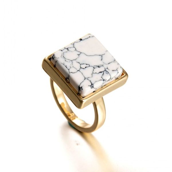 

fashion geometry white turquoise stone ring retro punk square gold plated rings for women fine jewelry, Golden;silver