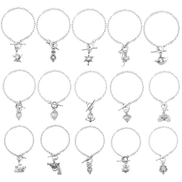 

natural freshwater pearl oyster pendant cage owl shape locket jewelry charm link charm bracelet christmas gift j6s, Golden;silver