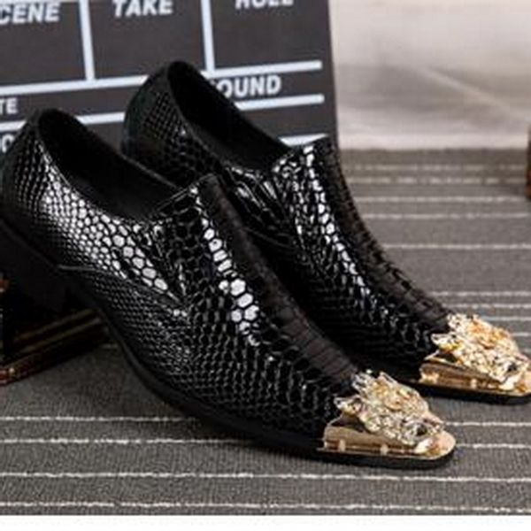 

2017 мода мужчины острым носом платье обувь змея кожа дышащая оксфорды sexy metal head мужчины туфли на высоком каблуке партия свадебные туф, Black