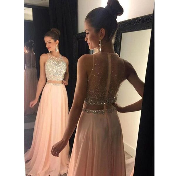 

2019 ee through back two piece chiffon prom dre e beaded cry tal equin jewel off hlouder prom gown