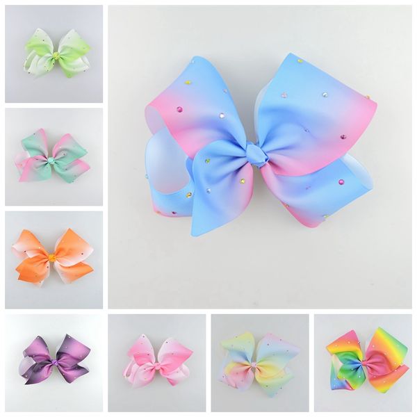 

50pcs girl jeweled pastel ombre ribbon 18cm signature hair bows clips rainbow rhinestone dance cheerleader pageant hair accessories hd3474, Slivery;white