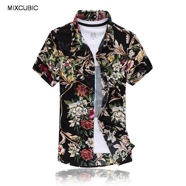 

wholesale- mixcubic summer mercerized flowers printed shirts men black loose floral printing glossy short-sleeved shirts men size l-7xl, White;black