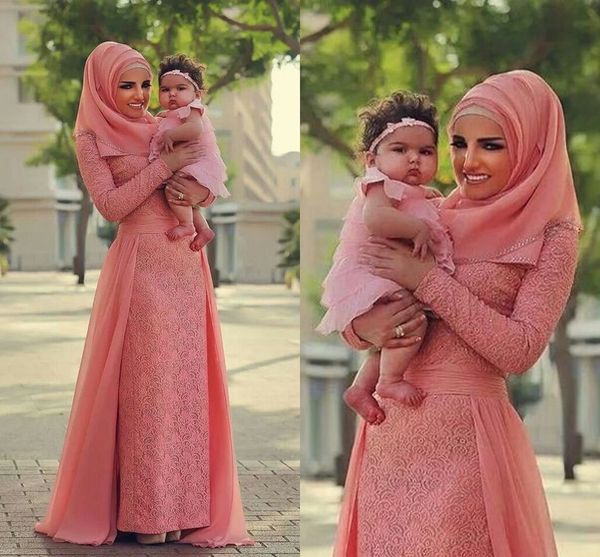 

watermelon pink muslim evening dresses chiffon lace plus size arabic dubai long sleeves formal dresses prom dresses with over skirt, Black;red