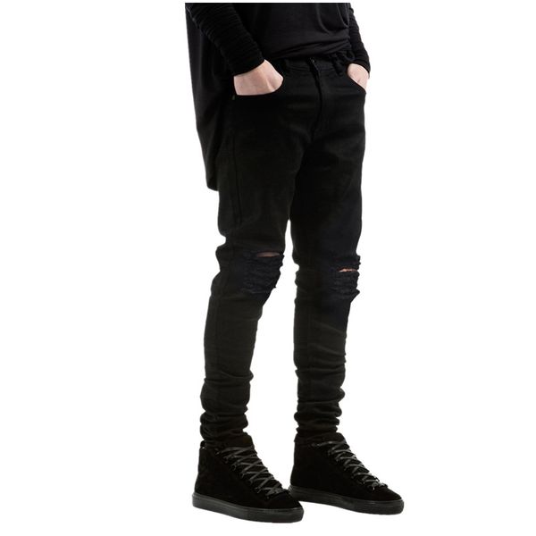 Низкая цена ~ джинсы мужчины черные джинсы скинни разорванные растягиваемые стройные брюки с хип