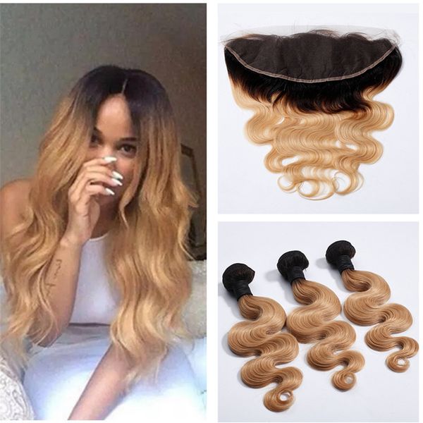 # 1B 27 Mel Loira Ombre Brasileira Virgem Do Corpo da Onda Do Cabelo Humano Weave Bundles Com Raízes Escuras Castanho claro Ombre 13x4 Fechamento Frontal Do Laço