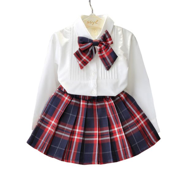 

wholesale- hello bobo autumn and spring new school style fashion girls dress set white shirt with plaid knot tie+plaid girls clothes