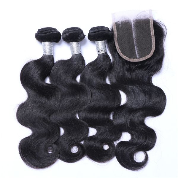 

Brazilian Body Wave Human Remy Hair Weaves With 4x4 Lace Closure Bleached Knots 100g/pc Natural Color Double Wefts 4pcs/lot Hair Extensions