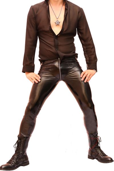 

wholesale-men super faux leather pants tights slim fit trousers zip crotch elastic night club, Blue
