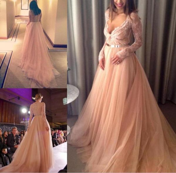 

2022 evening dresses formal lace gown long sleeve elegant v neck zipper back iullsion design sweep train a line party dresses beautiful, Black;red