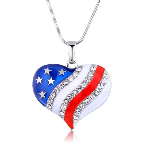 

10pcs/lot the american flag pendant necklaces crystal heart-shaped pendant necklace women snake chain jewelry 2017 jewelr, Silver