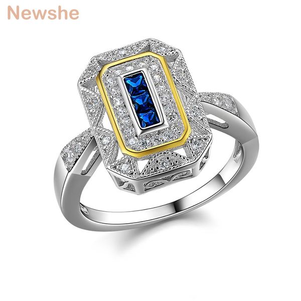

newshe white & gold color plated solid 925 sterling silver wedding ring blue zirconia classic jewelry for women wzw, Slivery;golden