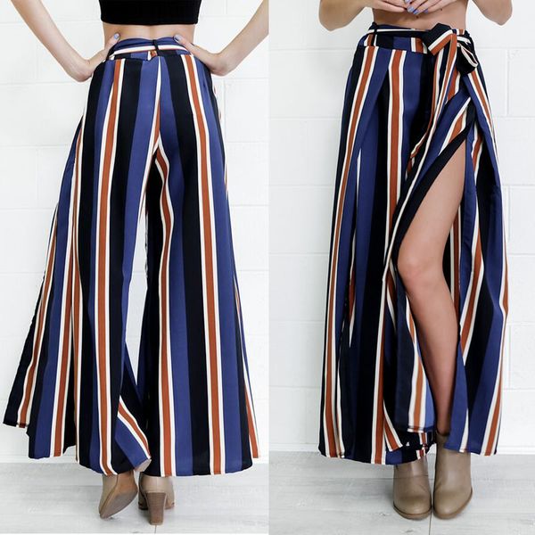 

Womens Casual Split Loose Wide Leg Striped Long Pants Trouser