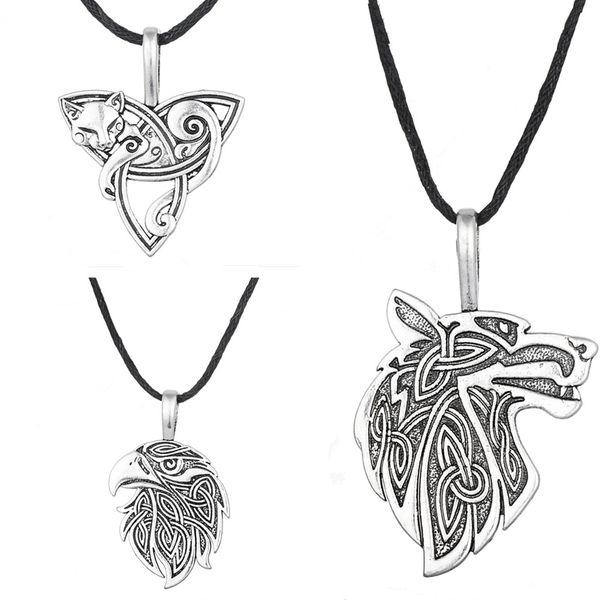 

wholesale-odin raven norse wolf pendant viking jewelry triquetra fenrir animal teen wolf necklace men female supernatural amulet knot, Silver