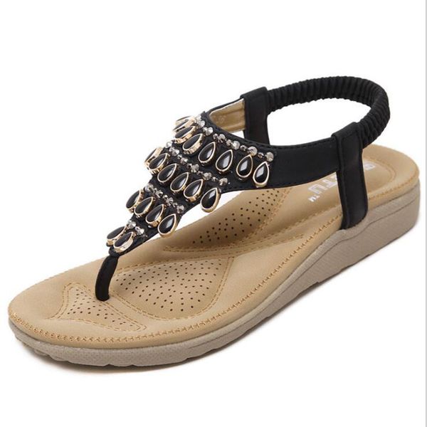 

summer style ethnic women sandals 2017 bohemian fashion beading pu printed casual flats for woman eur 35-41, Black