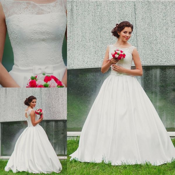 Vestido de noiva do jardim vintage com decote ilusão de lacta espartilho de cetim de cetim com arco A-line elegante e simples vestidos de noiva