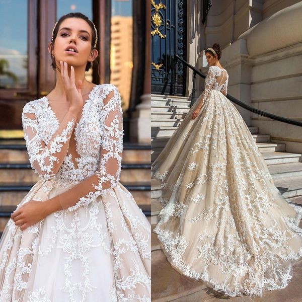 

gorgeous lace applique wedding dresses sheer v-neckline pearls beading long sleeves wedding dress charming covered button tulle bridal dress, White
