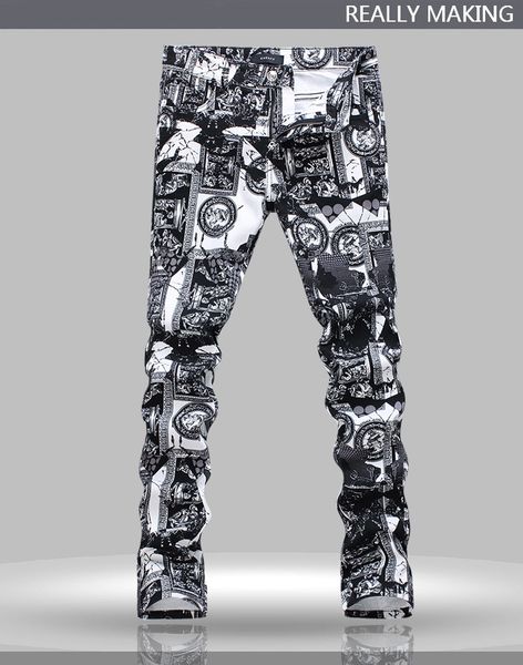 

original design men's trend unique printing jeans punk rock retro printed slim fit stage jeans motorcycle jeans, Blue