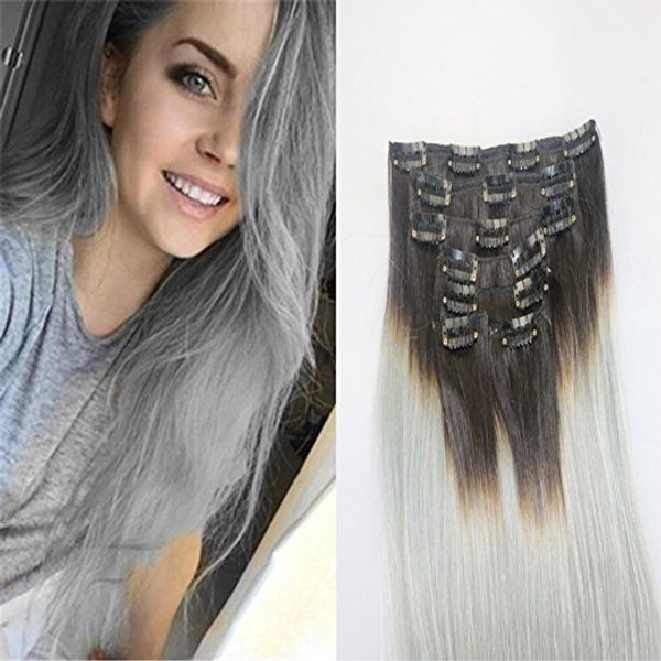 7Pcs 120g Farbe # 1b / Grau 14 '' - 26''Two Ton Extensions Ombre Clip in Remy Menschenhaar-Verlängerungen Vollen Kopf Ombre Haarverlängerungen