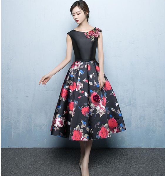 

2017 elegant satin a-line tea-length short prom dresses flower print bandage sleeveless lace-up formal party dress evening gowns, Black