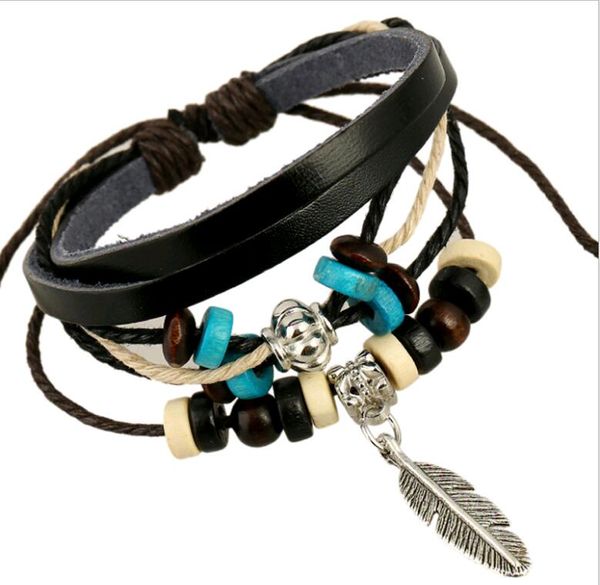 Niedliche, süße, mehrschichtige Charm-Armbänder mit Kordelzug, Federperlen, Lederarmband, Rot, Schwarz, Braun, gemischte Farben, Modeschmuck