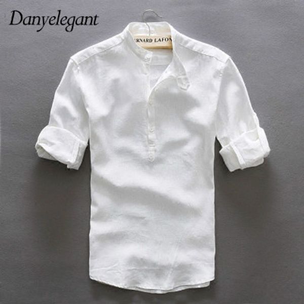 

wholesale- new 2017 summer linen shirt men casual three quarter sleeve thin slim fit popover linen shirts male, White;black